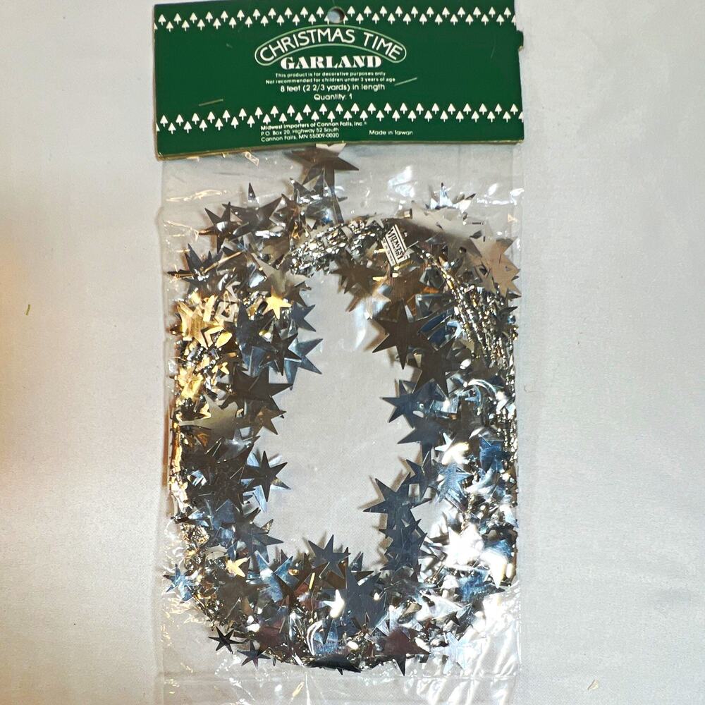 Vintage 90s Midwest Importers Christmas Time Silver Star Garland 8 Ft Taiwan NOS